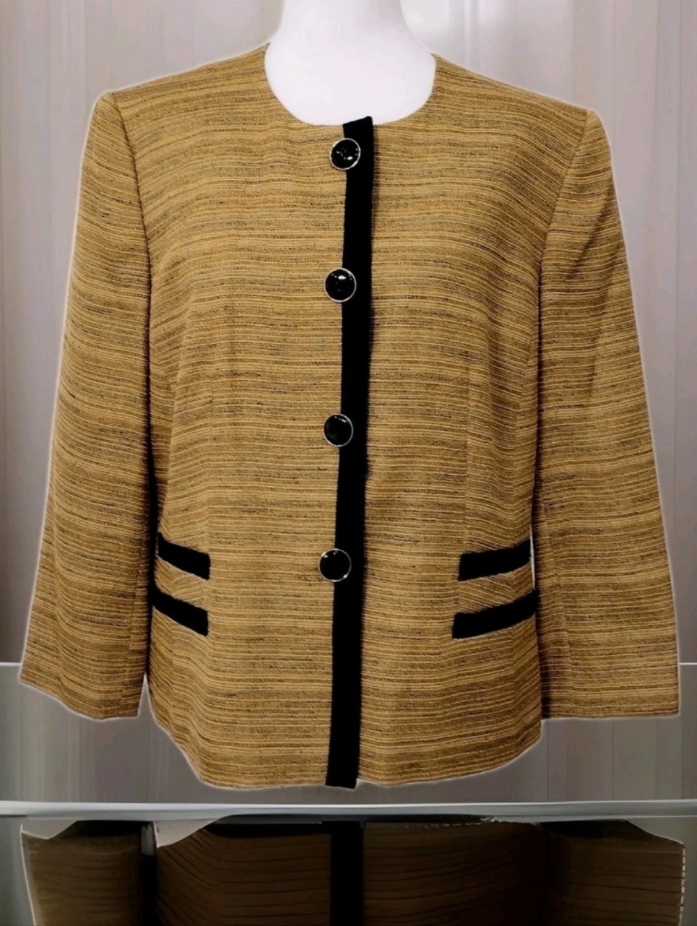 Kasper Gold-Tan Bouclé Jacket with Black Trim